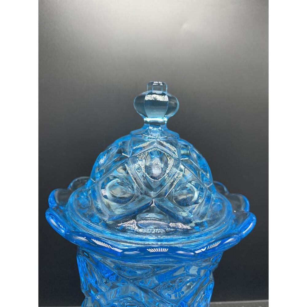 Vintage Blue Glass Candy Covered Lid Dish Vase Pedestal - Picture 2 of 11